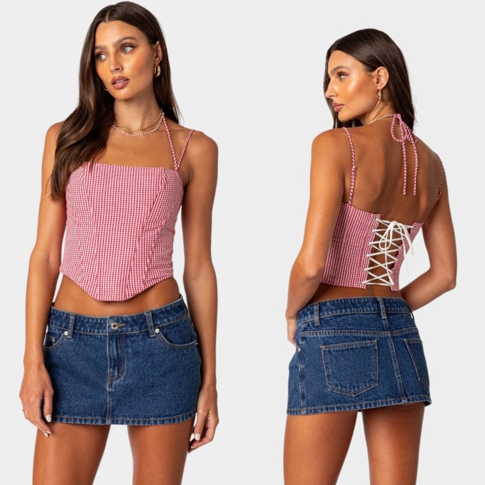 Edikted Red Gingham Lace-Up Crop Top